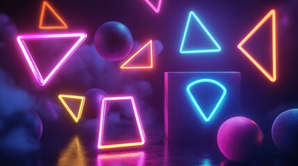 Poster - Neon Geometric Shapes and Spheres Glowing in Dark Space