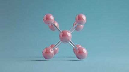 Poster - Abstract Molecular Structure with Glossy Pink Atoms on a Blue Background