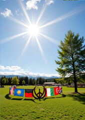 Flags encircling peace symbol in sunny outdoor gathering