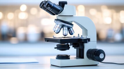 Poster - Laboratory Microscope on Desk with Blurred Background for Research