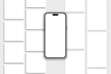 Wall Mural - smartphone mockup with social media post and stories interface mockup. mobile page template design f