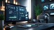 © MUMTAZ - Futuristic workspace with VR headset and data analytics on monitor.