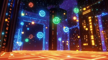 Poster - Futuristic Digital Landscape with Glowing Circles and Neon Lights