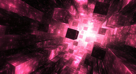 Aufkleber - A captivating display of pink and purple hues showcases floating cubes in a dynamic digital landscape. Light emanates from the center, creating an immersive experience of depth and movement.