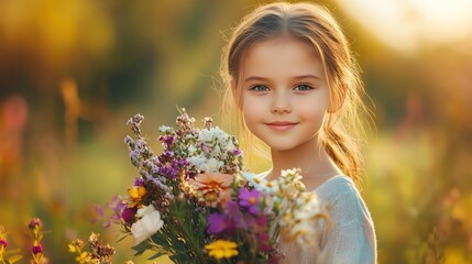 Wall Mural - A young girl smiles while holding a bouquet of flowers in a garden setting.