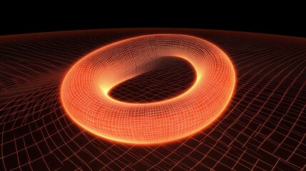 Poster - Vibrant Orange Torus Surrounded by Mesh Grid in 3D Space Visualization