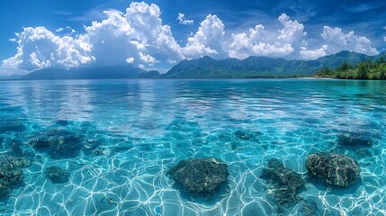 Wall Mural - serene tropical island bay with crystal clear mirrored waters and lush surroundings