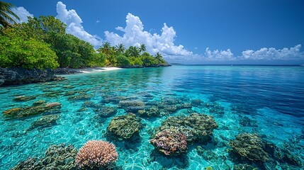 Wall Mural - tropical island oasis with vibrant underwater reef teeming with marine life