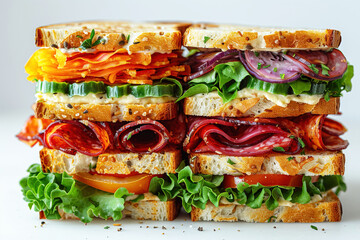 Wall Mural - Sandwich traditional bread tomato cheese and ham fried on white background isolate.