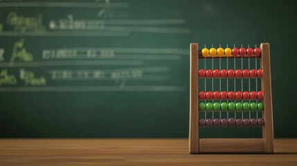 Poster - Colorful Abacus on Wooden Table in Classroom with Green Chalkboard