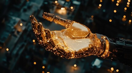 Poster - Futuristic Robotic Hand with Glowing Elements Over Urban Landscape