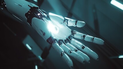 Poster - Futuristic Robotic Hand with Glowing Light in High-Tech Environment