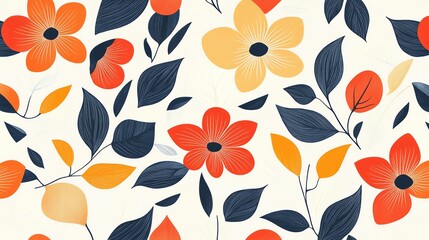 Wall Mural - A colorful floral pattern with orange, yellow, pink and blue flowers and leaves on a white background.