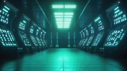 Poster - Futuristic Control Room with Glowing Console Displays and Dim Lighting