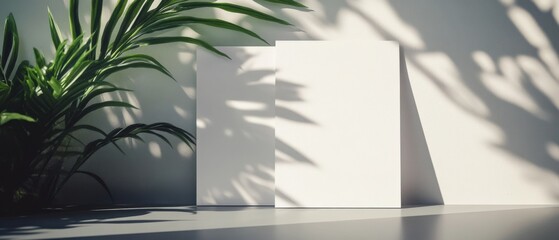 minimalist interior design with blank canvas and plant shadows