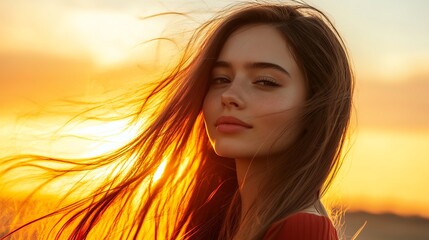 Sticker - A young woman with long brown hair, wearing a floral dress, looks at the camera in a field as the sun sets.