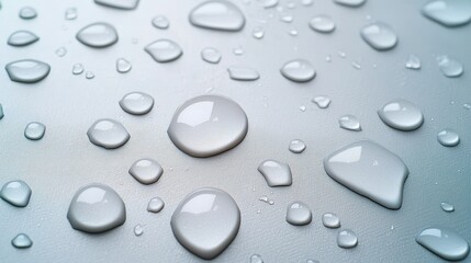 Poster - Fabric Demonstrating Waterproof Properties Concept, Close-Up of Water Droplets Beading on a Sleek Surface for Nature and Texture Photography
