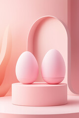 Poster - Delicate pink eggs rest on a circular pedestal, surrounded by gentle pastel curves and a soothing atmosphere