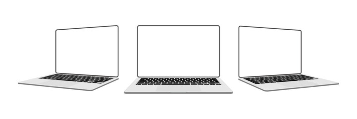 Poster - Realistic 3D Laptop Mockups: Silver Color Set from Various Angles with White Screens on White Background