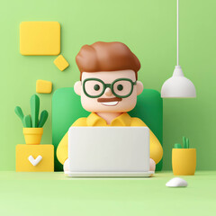 Poster - cheerful marketing manager working on laptop in bright office
