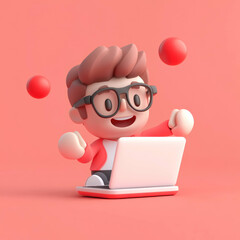 Poster - cheerful cartoon character working on laptop with joy