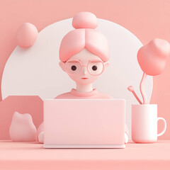 Poster - pastel pink illustration of woman working on laptop