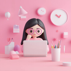 Poster - woman manager working on laptop in pink office