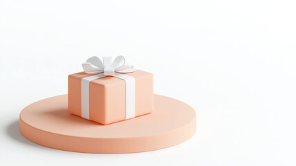 Poster - Peach gift box with white ribbon on round platform, minimal style