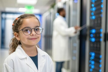 A young girl with glasses wearing a lab coat stands smiling in a technology lab. In the background, a scientist operates computer servers, showcasing a blend of curiosity and professional activity in 