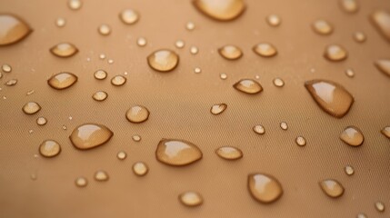 Poster - Fabric Demonstrating Waterproof Properties Concept, Macro Shot of Rain Droplets Suspended on Water-Proof Surface with Vivid Details and Textures