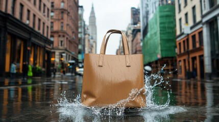 Poster - Fabric Demonstrating Waterproof Properties Concept, Artistic Splash of Water Sliding Off a Waterproof Bag in an Urban Setting