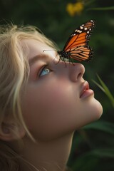 Wall Mural - A woman is looking at a butterfly. The butterfly is orange and black. The woman is looking at the butterfly with a smile on her face