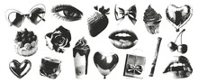 Romantic elements with a photocopy effect. Lips, eyes, heart, cupcake, bow, cherry. Vector illustration in grayscale grunge.
