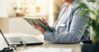 © peopleimages.com - Doctor, hands or tablet in office for healthcare, online consultation or medical research at laptop. Woman, specialist or tech in practice on telehealth app, insurance registration and communication