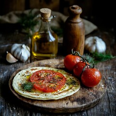 Wall Mural - Tortilla, veggies, herbs, oil on plate