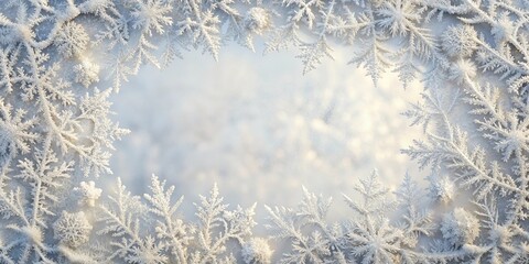 Wall Mural - A delicate winter scene featuring a frosty border of intricate ice crystals on a soft, light background.