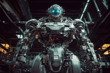 Poster - Futuristic robot stands tall in an industrial workshop at dusk