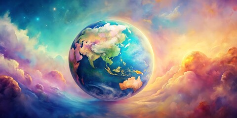 Wall Mural - a vibrant celestial landscape featuring a colorful earth amidst dreamlike clouds and a distant orb