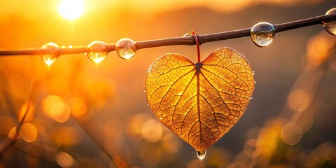 Sticker - Golden Hour Heart Leaf with Dewdrops on Branch