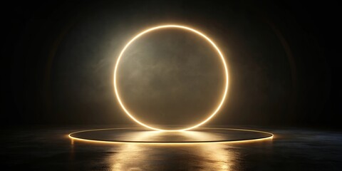 Wall Mural - Abstract Dark Stage with Glowing Circular Light Frame and Platform