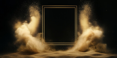 Poster - Golden luxury glowing rectangular double frame with gold dust on the black background, elegant backdrop, award ceremony banner.