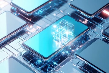 Fototapete - Modern smartphones arranged on a circuit board with glowing graphic design elements