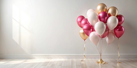 Wall Mural - A cluster of pink, gold, and white balloons rests on a light wood floor against a white wall.