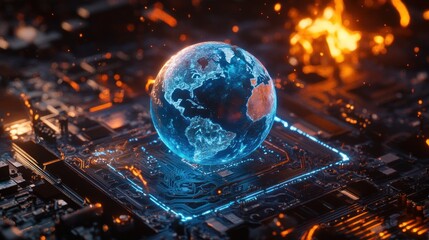 Poster - Global network, digital earth on a circuit board with fire.