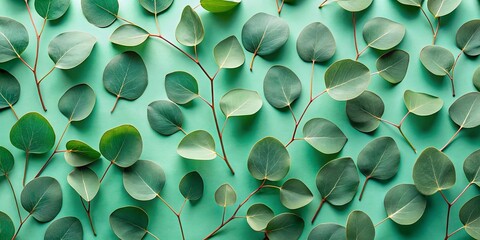 Wall Mural - A vibrant arrangement of eucalyptus leaves on a teal background, showcasing their delicate texture and rich green hues