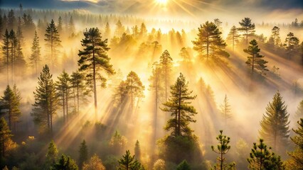 Sticker - Golden Rays Illuminate Misty Pine Forest at Dawn