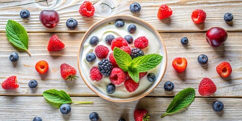 Wall Mural - Creamy Yogurt Bowl with Fresh Berries and Mint on Rustic Wood