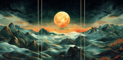 Poster - A contemporary wallpaper with a black background, showcasing golden and black marble in wavy mountain designs.