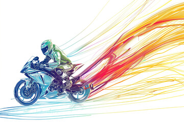 Poster - A line art of a motorbike in motion, with rainbow-colored trails flowing behind it.