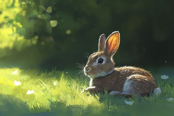 Wall Mural - A close-up of a cute, chubby brown rabbit enjoying its meal in the sunlight.